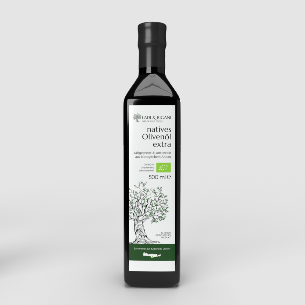 Produktbild unseres Bio Olivenöls extra nativ aus Griechenland in der 0,5 Liter Flasche.