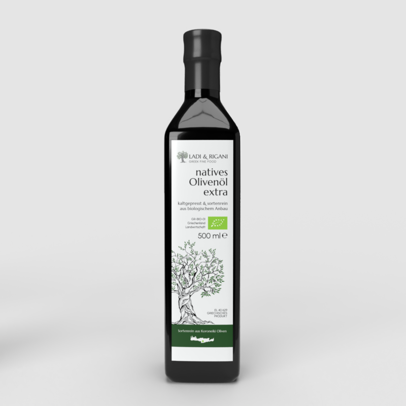 Produktbild unseres Bio Olivenöls extra nativ aus Griechenland in der 0,5 Liter Flasche.