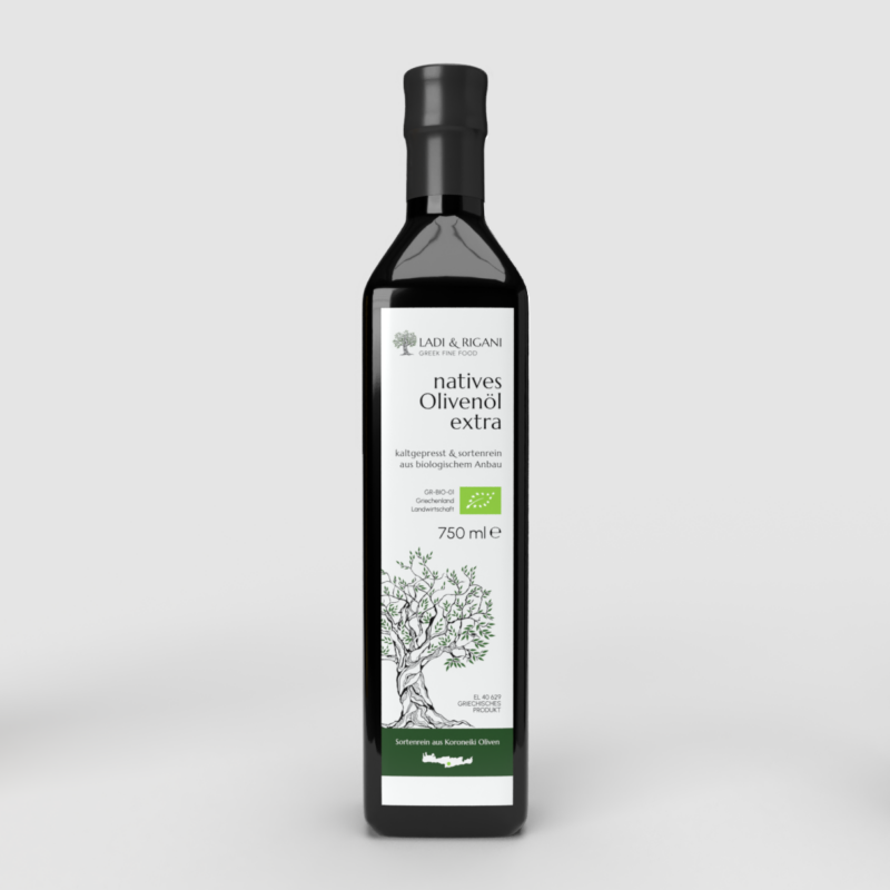 Produktbild unseres Bio Olivenöls extra nativ aus Griechenland in der 0,75 Liter Flasche.