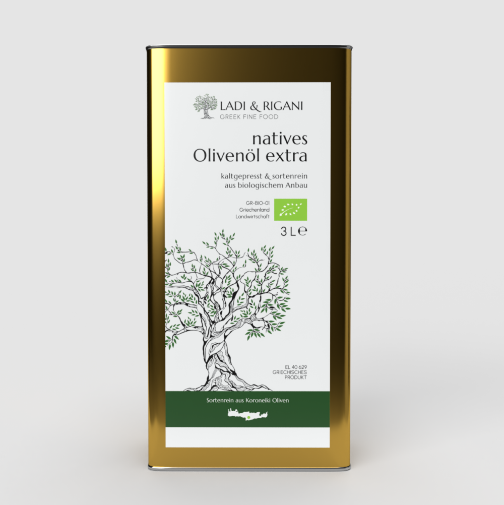 Produktbild unseres Bio Olivenöls extra nativ aus Griechenland im 3-Liter-Kanister.