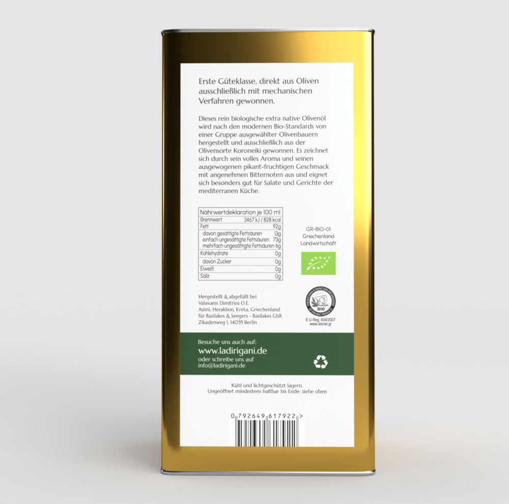 Rückseite unseres Bio Olivenöls extra nativ aus Griechenland im 3-Liter-Kanister.