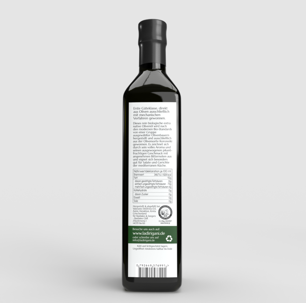 Rückseite unseres Bio Olivenöls extra nativ aus Griechenland in der 0,5 Liter Flasche.
