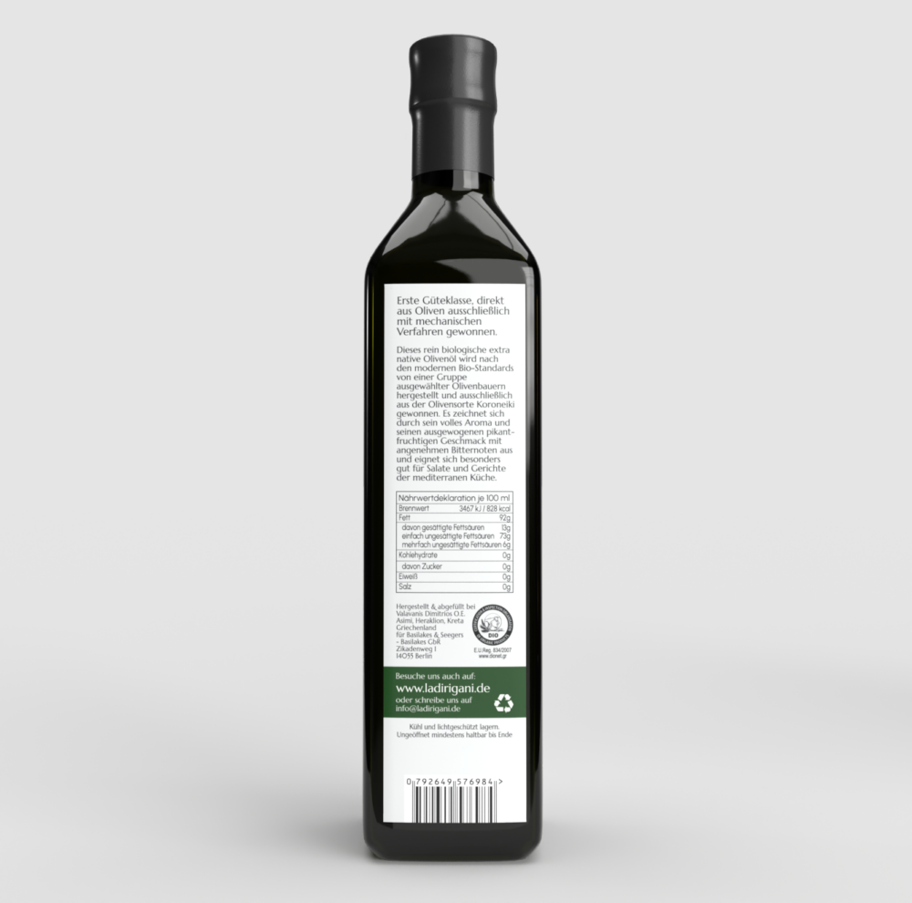 Rückseite unseres Bio Olivenöls extra nativ aus Griechenland in der 0,75 Liter Flasche.